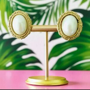 Vintage Victorian Style Gold Tone Faux Pearl Clip-On Earrings